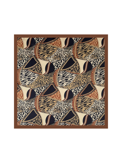 Orange square scarf laid flat, showing animal-print patchwork and a brown border