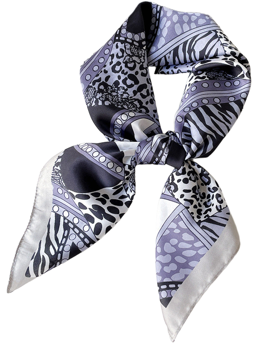 Gray animal-print scarf arranged in a knotted loop