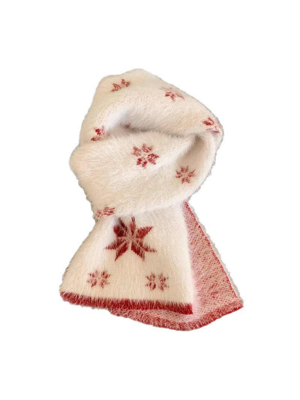White scarf with red snowflake motifs and contrasting border, looped on white