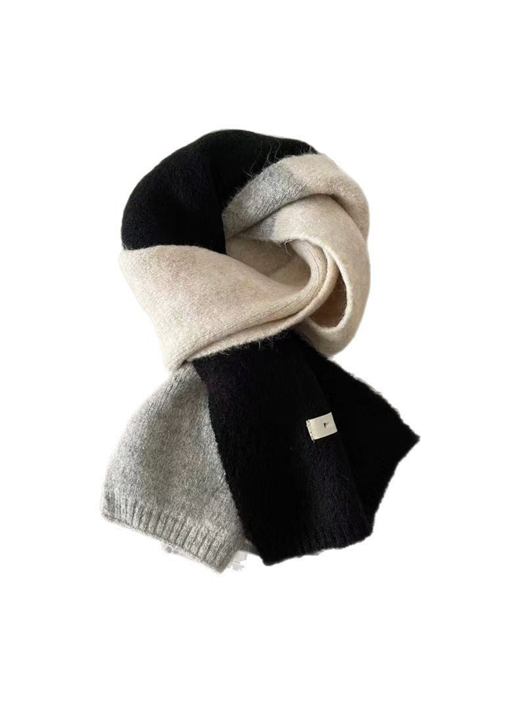 Black color-block scarf with gray and ivory sections in a looped display