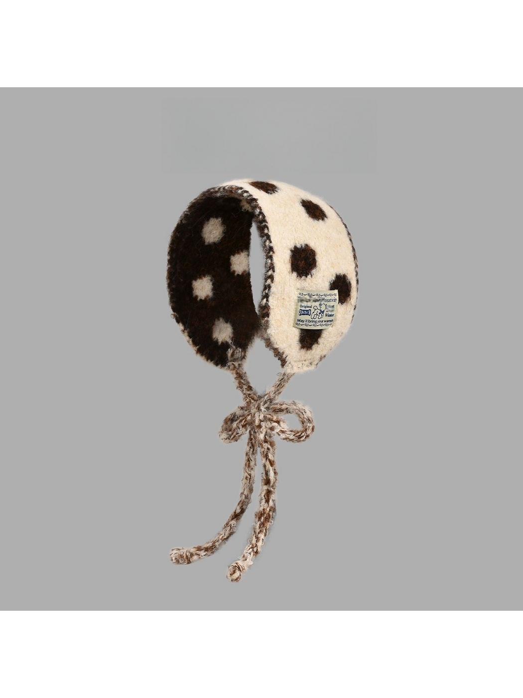 Beige polka-dot hood-shaped scarf with contrasting inner side and long bow ties