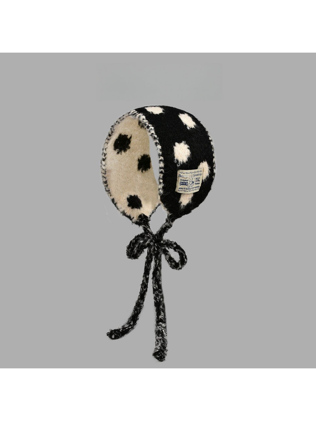 Black polka-dot hood-shaped scarf with contrasting inner side and long bow ties