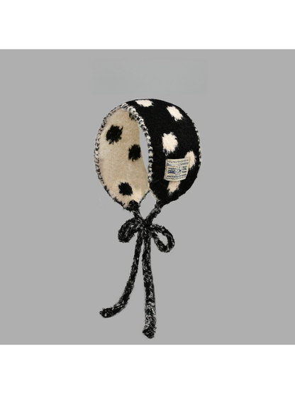 Black polka-dot hood-shaped scarf with contrasting inner side and long bow ties