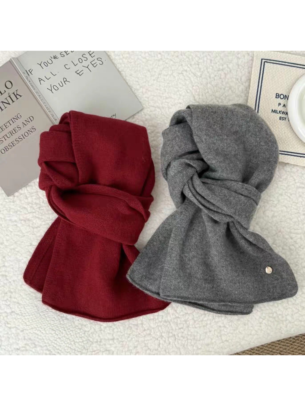 Burgundy and Gray scarves displayed side by side in looped arrangements