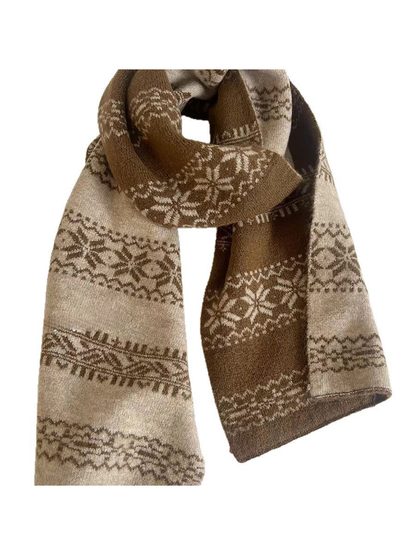 Brown scarf draped in a loop, showing beige reverse panels and geometric bands