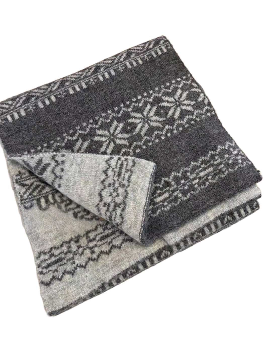 Gray snowflake-pattern scarf folded with a pale reverse corner, beside other folded scarves