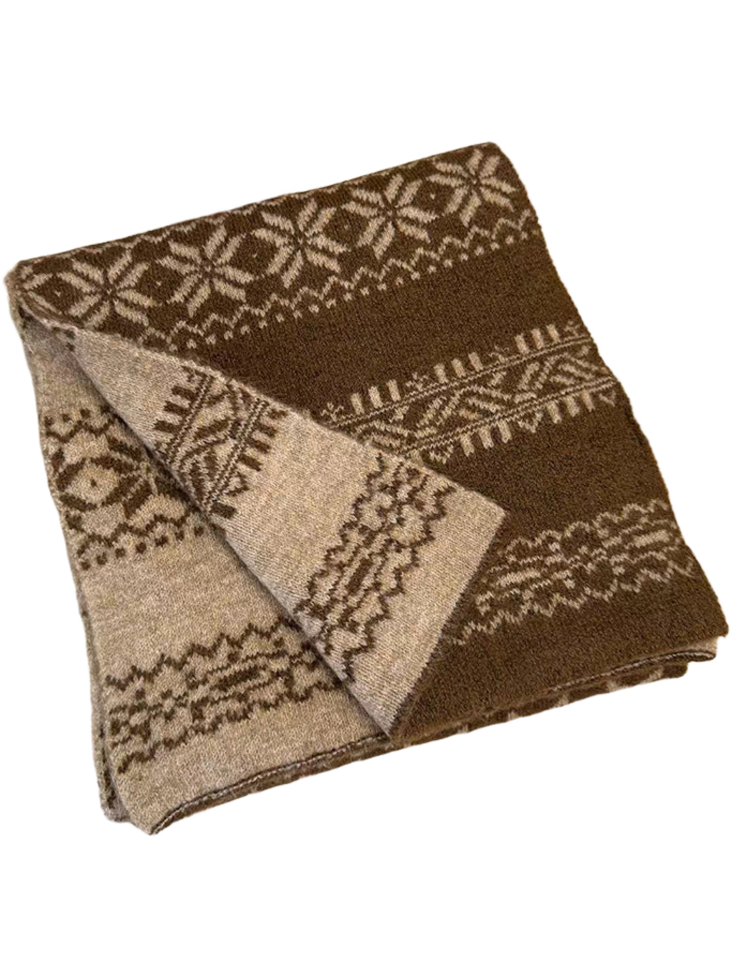 Brown snowflake-pattern scarf folded to show its beige reverse and geometric bands