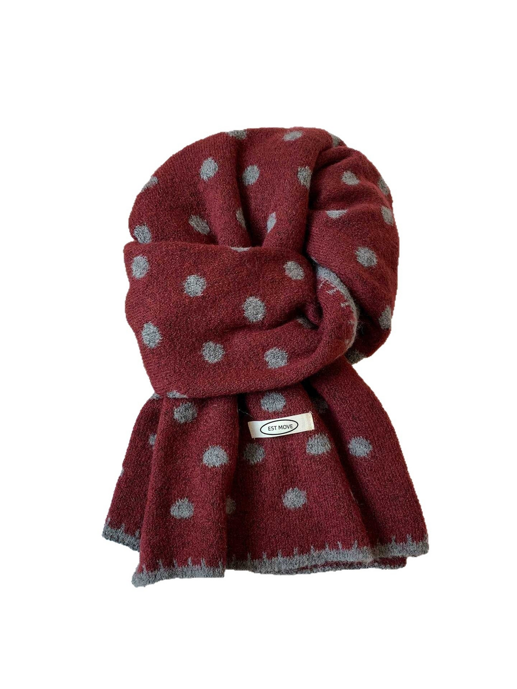 Burgundy polka dot scarf with gray dots and edging, looped on white