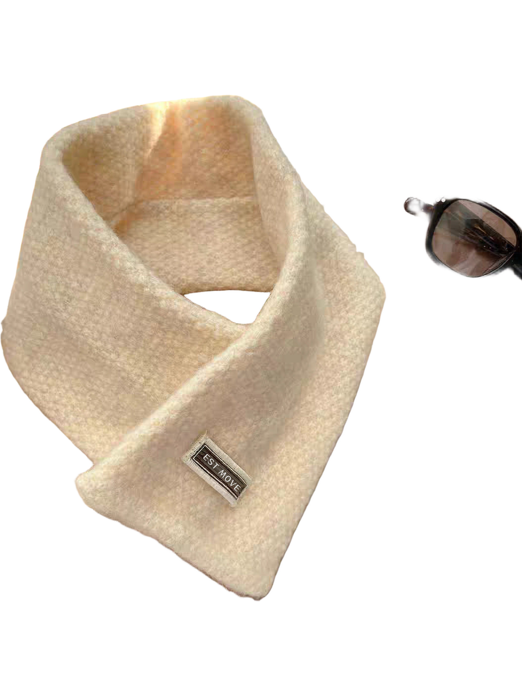Cream textured crossover scarf with attached rectangular label