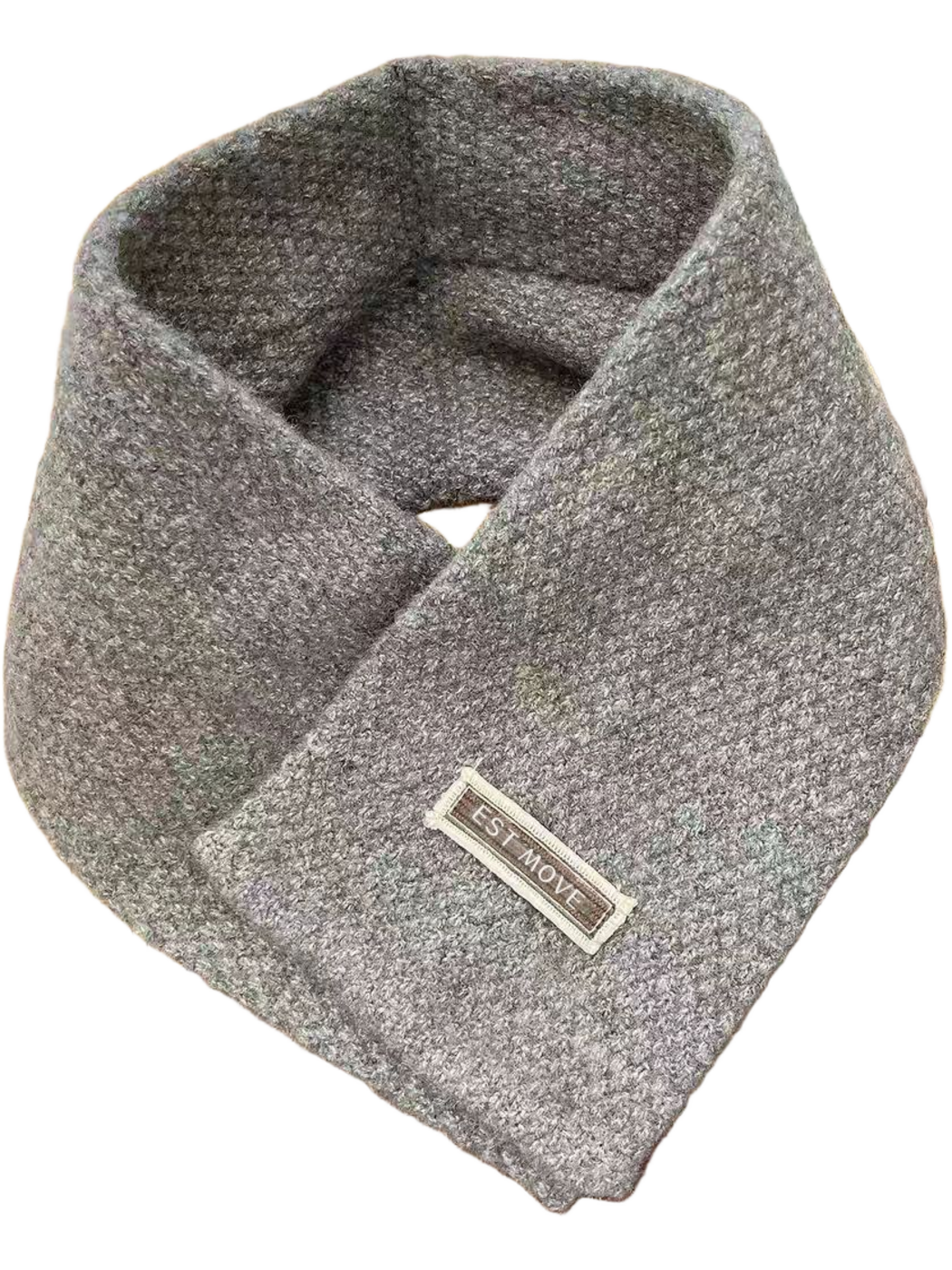 Gray textured crossover scarf with attached rectangular label