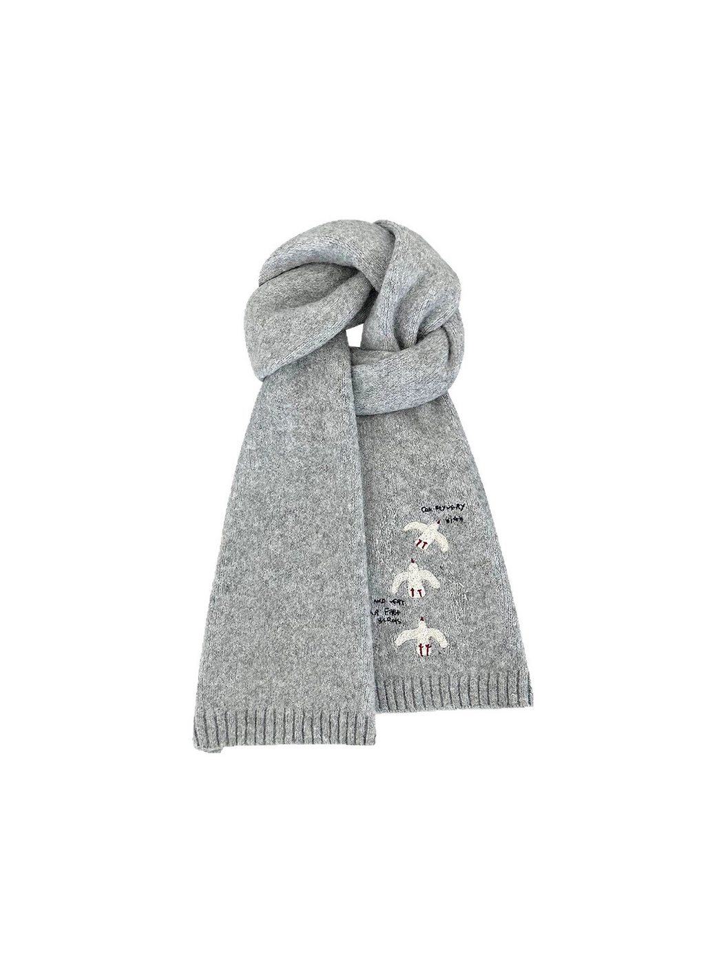 Gray knit scarf looped upright, with bird embroidery and ribbed ends