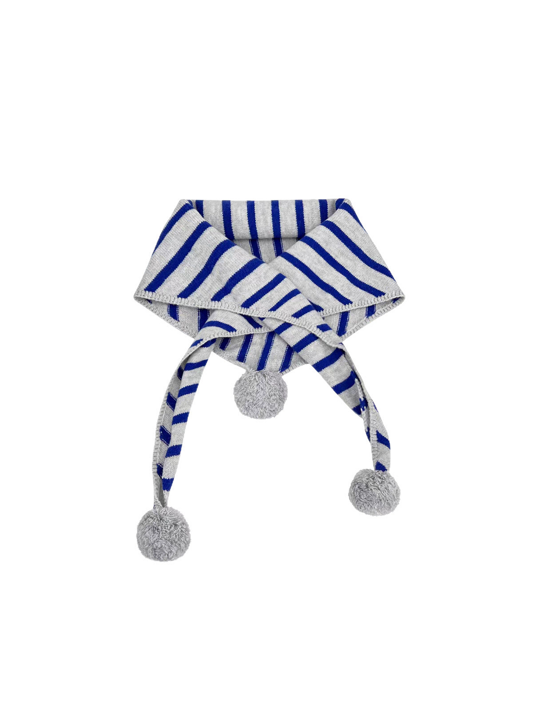 Blue striped triangle scarf with light gray pom-poms, looped on white