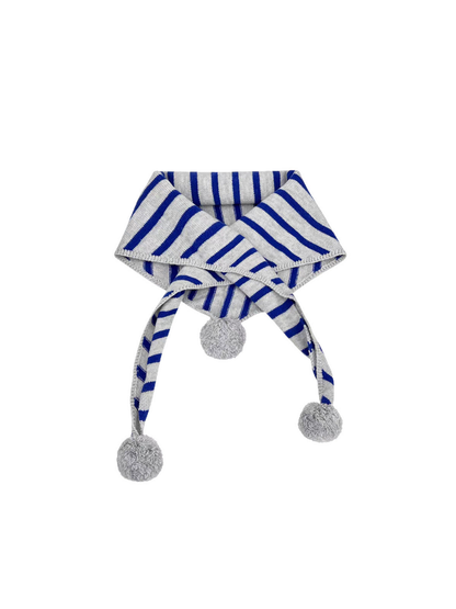 Blue striped triangle scarf with light gray pom-poms, looped on white