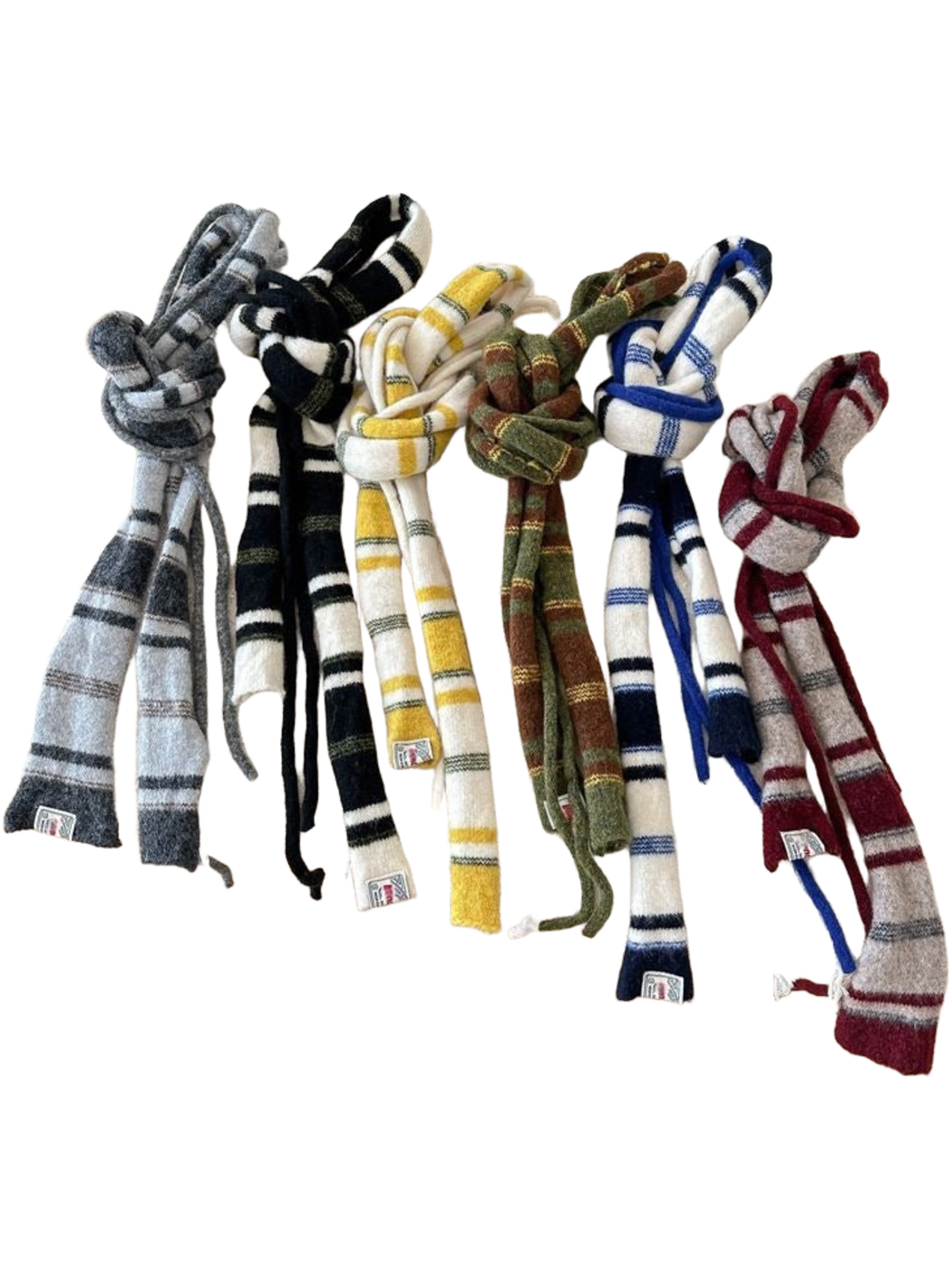 Six striped scarf colors displayed in long knotted arrangements