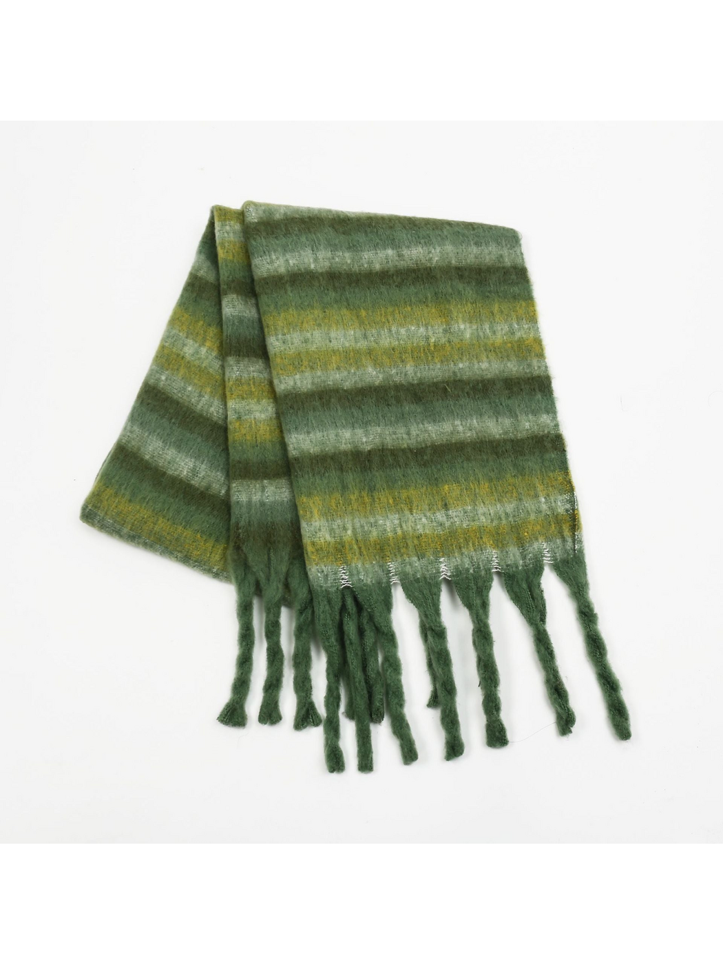 Green striped scarf folded with long twisted fringe