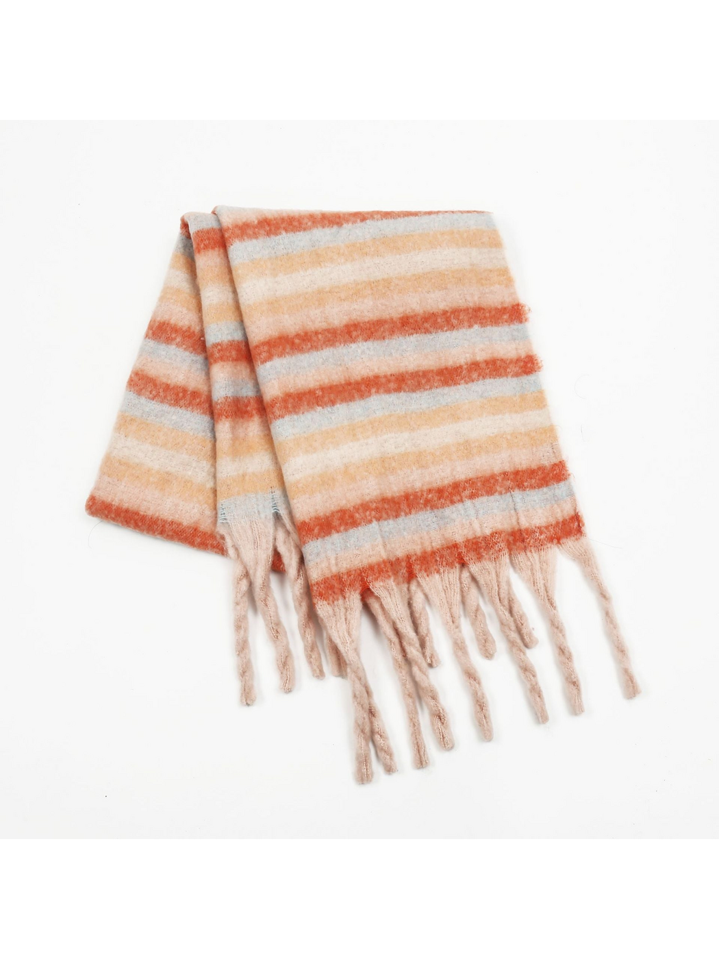Orange striped scarf folded with pale twisted fringe