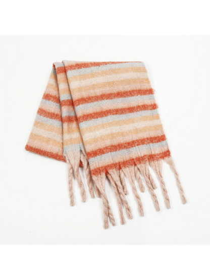 Orange striped scarf folded with pale twisted fringe