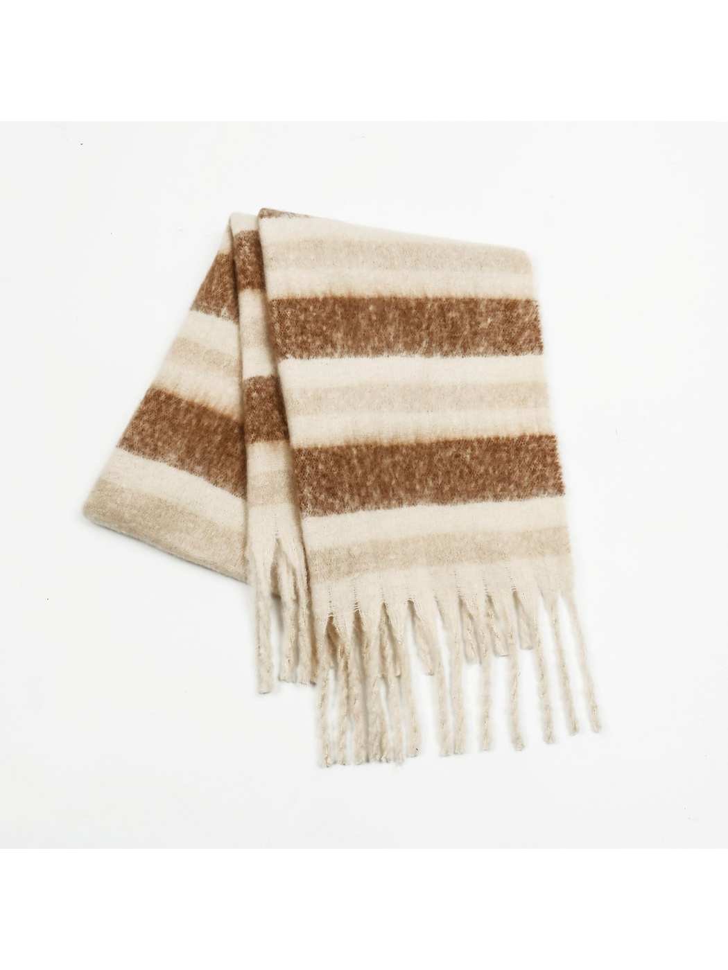 Brown striped scarf in cream and beige, folded with long twisted fringe