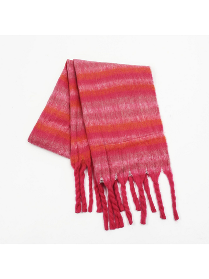 Pink striped scarf with orange accents and long twisted fringe