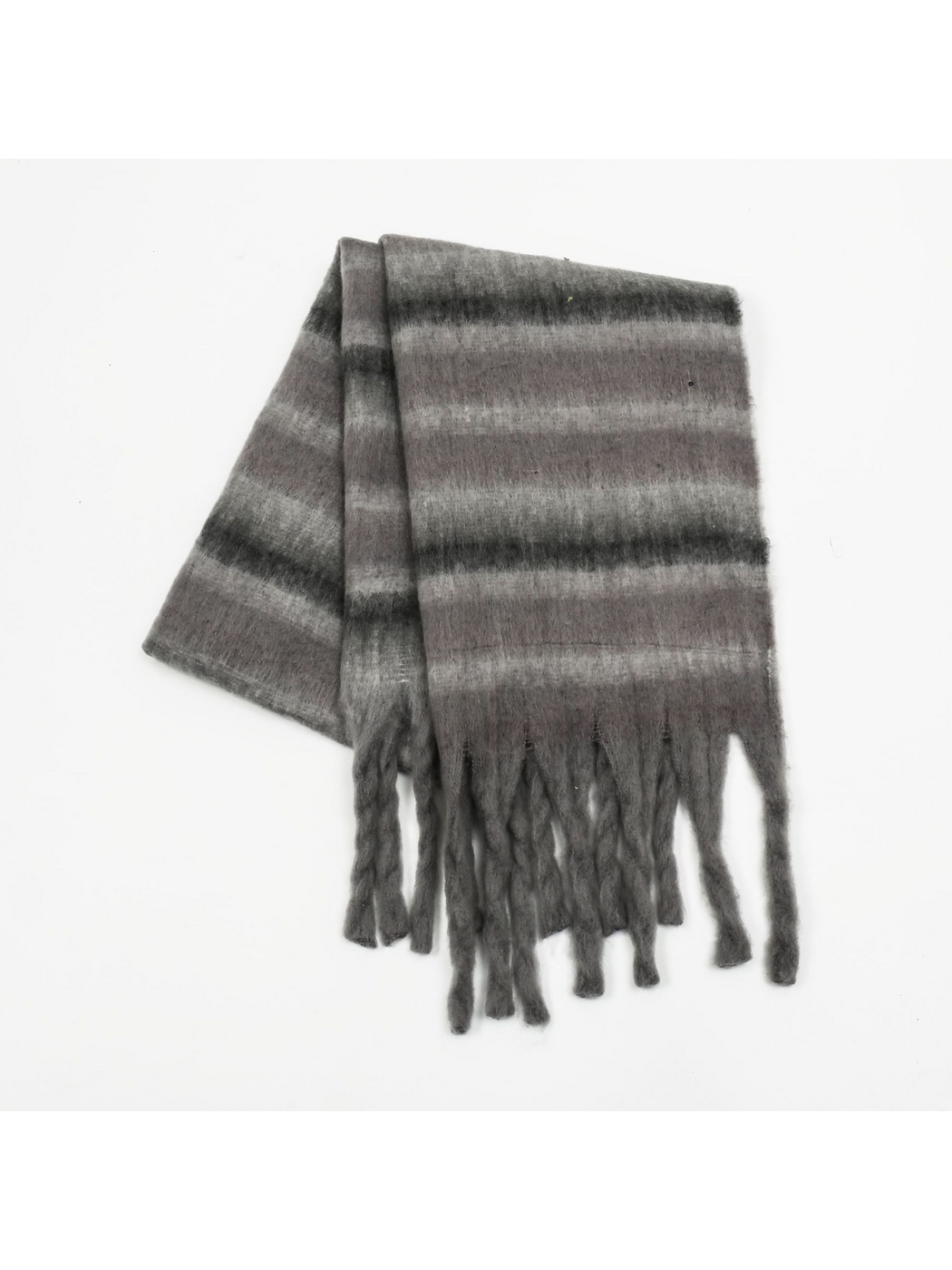 Gray striped scarf folded with long twisted fringe