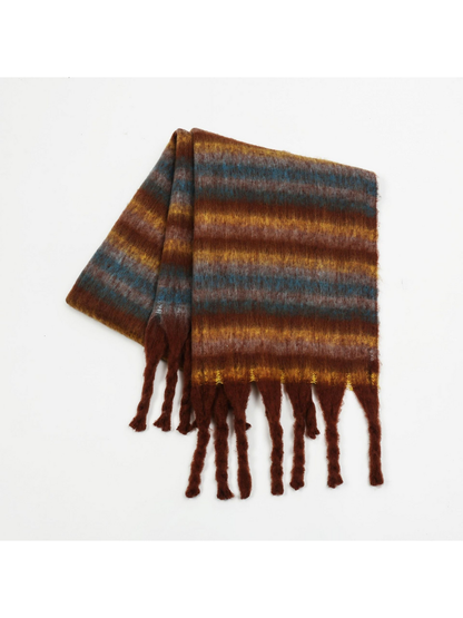 Caramel striped scarf with mustard and teal accents and twisted fringe