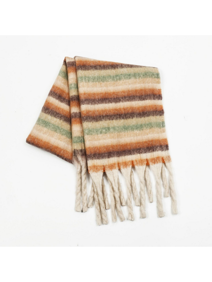 Beige striped scarf with orange, brown and green accents and pale fringe