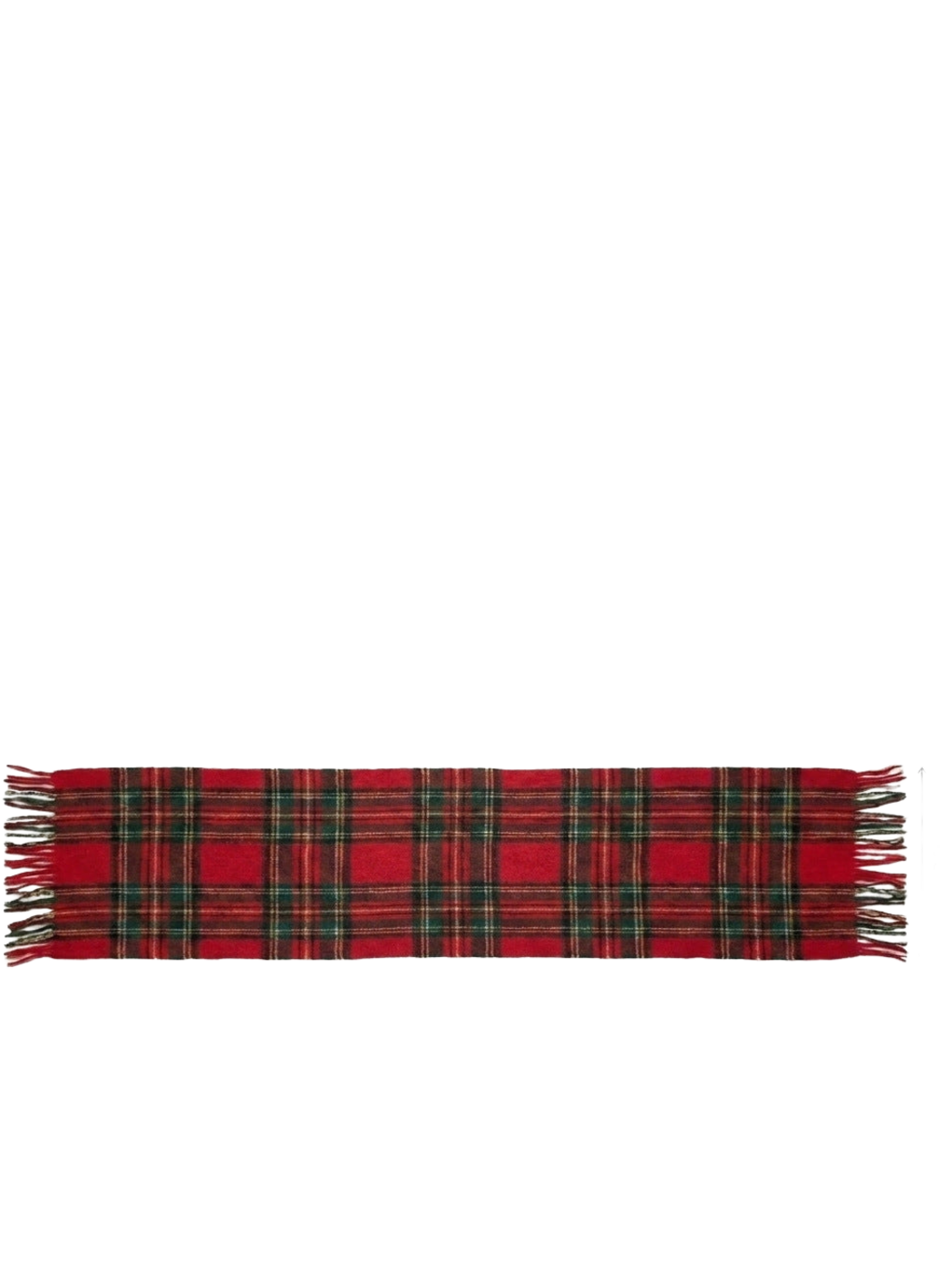 Red tartan plaid scarf laid flat, showing its rectangular shape and fringed ends