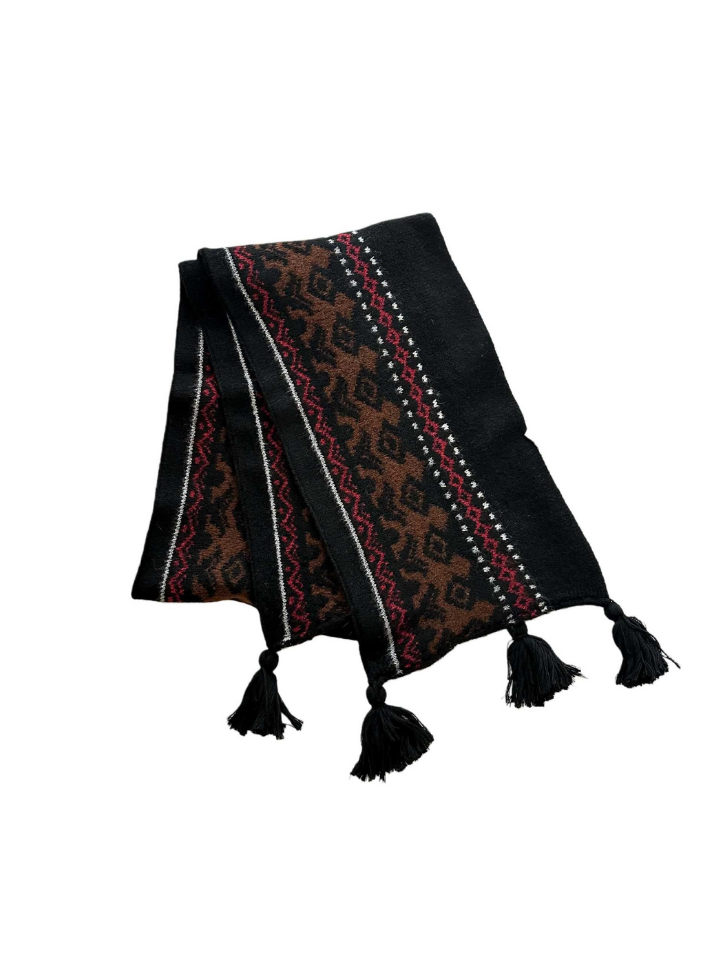 Black scarf folded to show brown deer motifs, burgundy geometric bands and four black corner tassels