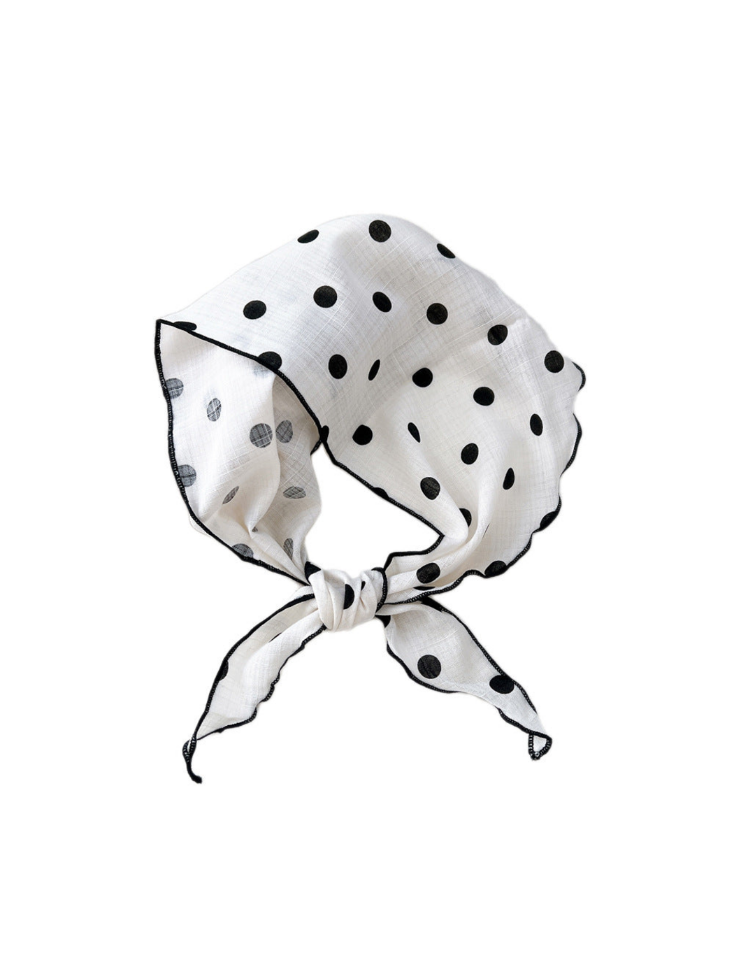 Ivory Dots triangle scarf tied in a loop with black stitched edges