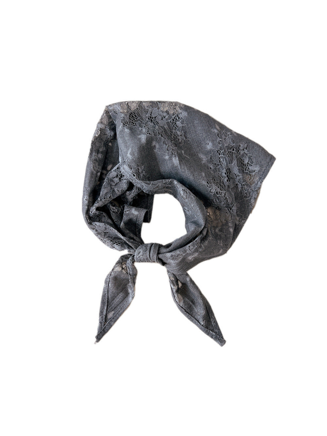 Gray floral lace scarf tied in a loop on a white background