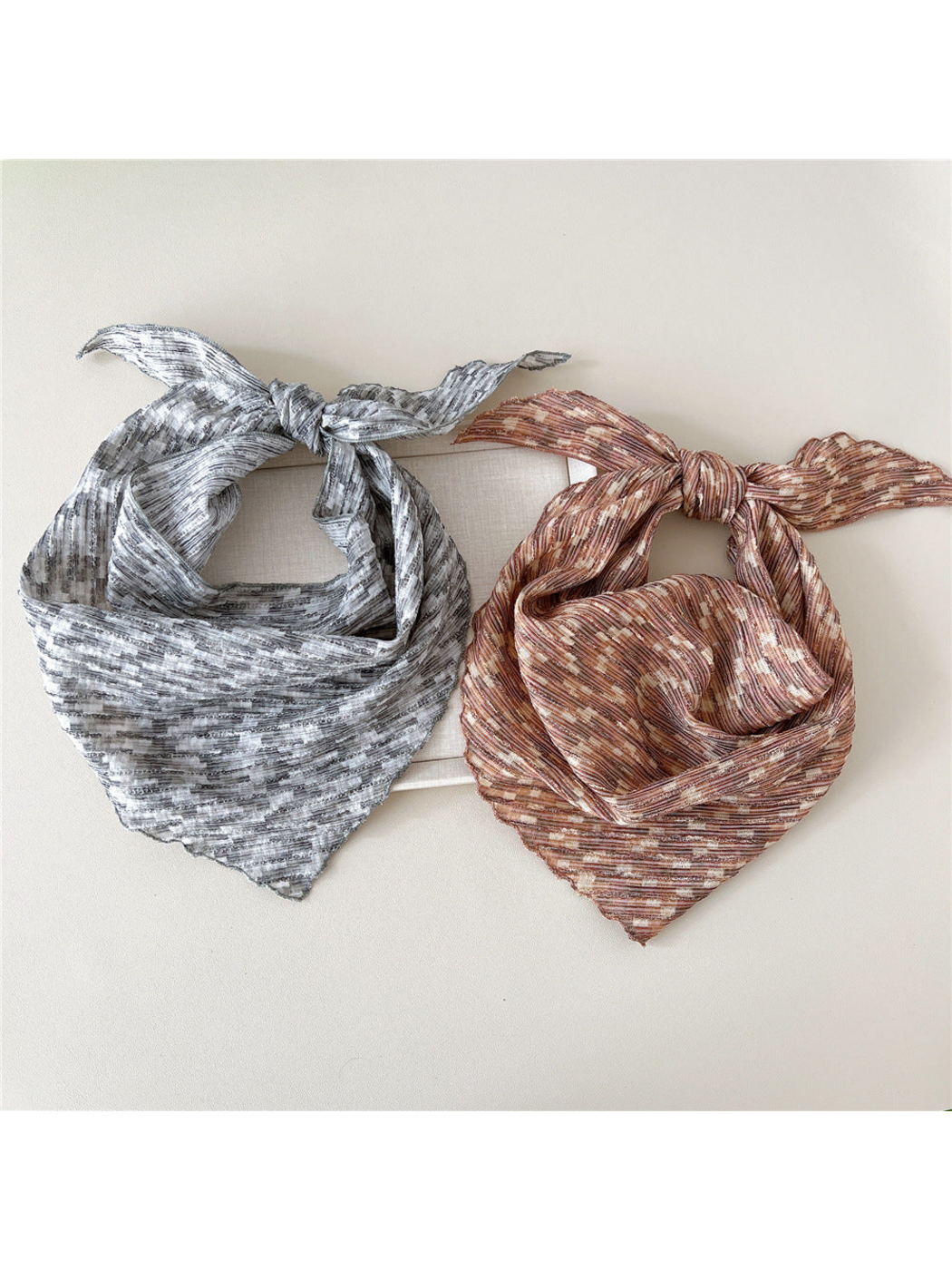 Brown and Gray striped triangle scarves with broad triangular fronts and upper knots