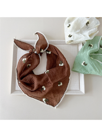 Brown floral triangle scarf tied at the top, with Cream and Mint scarf details