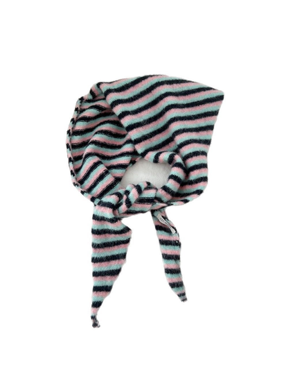Striped fuzzy triangle scarf looped and tied on white