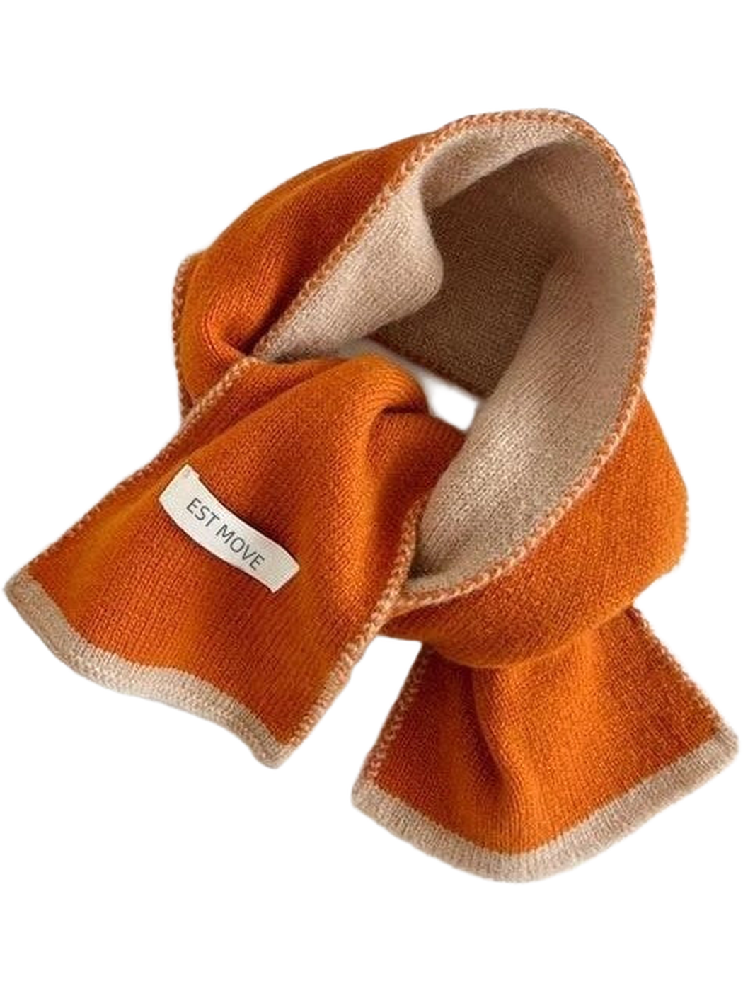 Orange knit scarf with cream trim, looped on white
