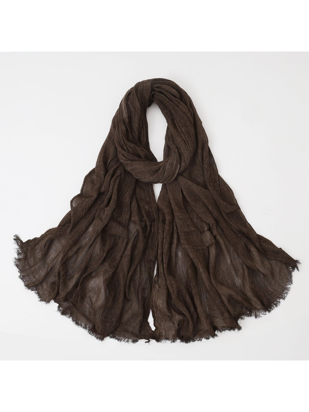 Dark Brown scarf looped with crinkled texture and fringed edges