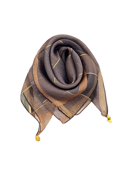 Looped scarf with metallic-look lines, a contrasting border and gold-tone end ornaments