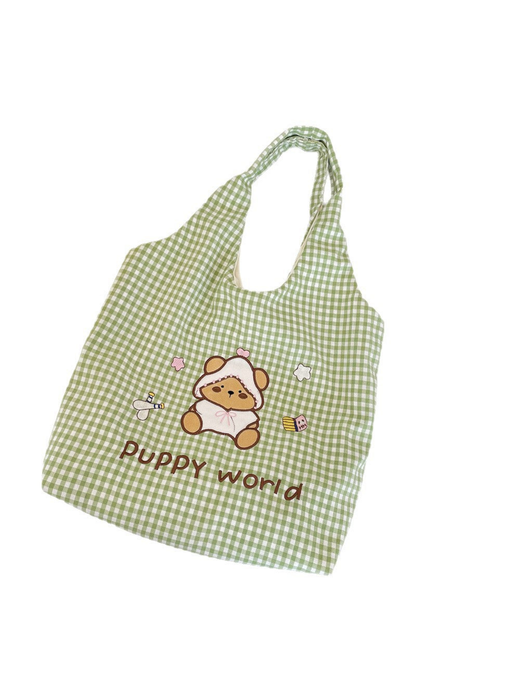 Green gingham tote bag with a hooded cartoon bear and Puppy world lettering, front view