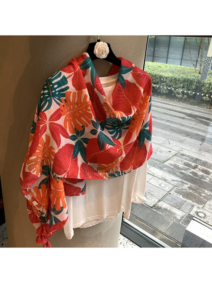 Scarvii - Tropical Leaf Print Tassel Trim Shawl Scarf