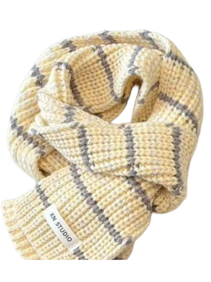 Beige striped knit scarf loop and label detail; lower end cropped