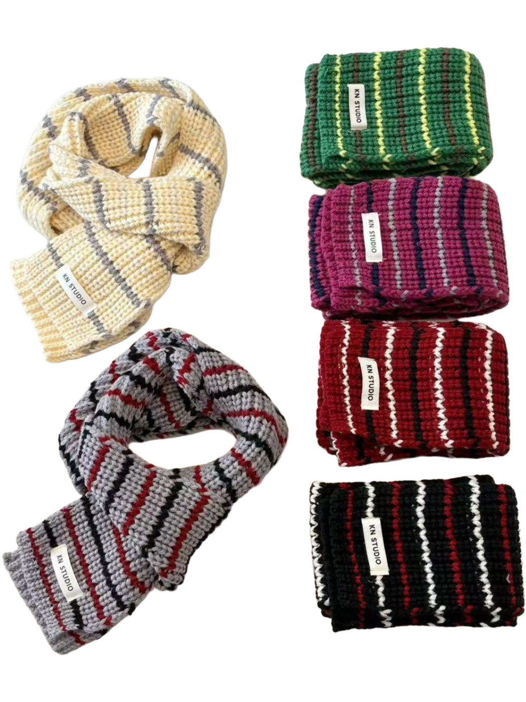 Six striped knit scarf colors displayed with Beige and Gray looped and four colors folded