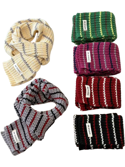 Six striped knit scarf colors displayed with Beige and Gray looped and four colors folded