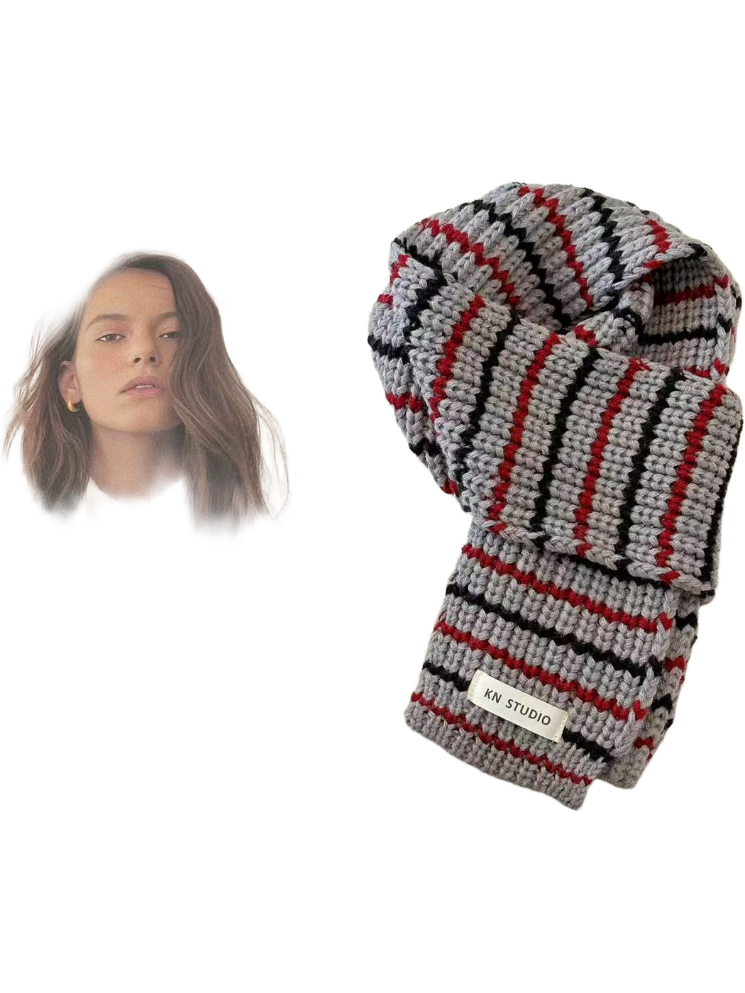 Gray knit scarf with black and red stripes, looped with the KN STUDIO label visible
