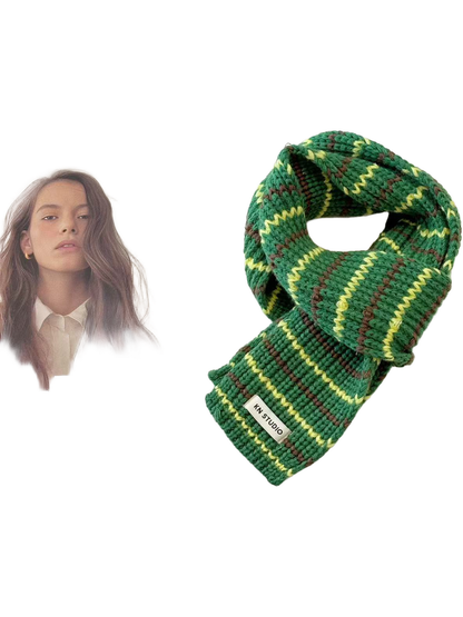 Green knit scarf with yellow and brown stripes, looped with the KN STUDIO label visible