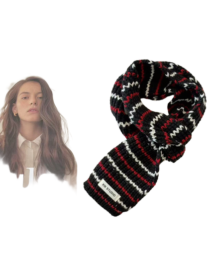 Black knit scarf with red and white stripes, looped with the KN STUDIO label visible