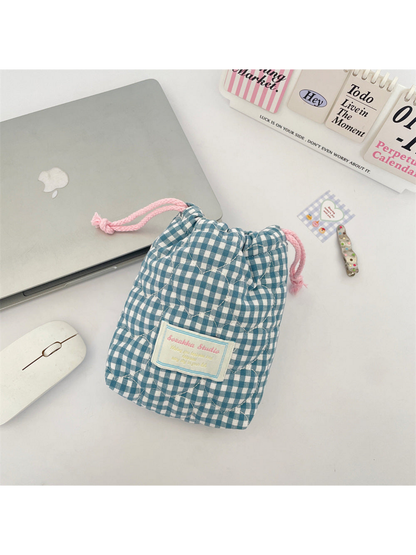 Teal Blue gingham drawstring pouch with curved quilting and pink drawcords, front view