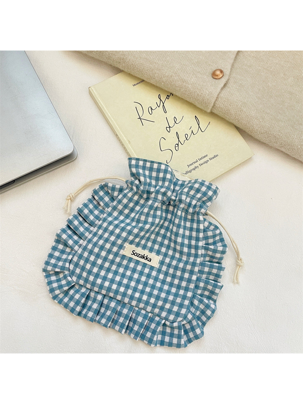 Teal Blue gingham drawstring pouch with cream cords, flat view