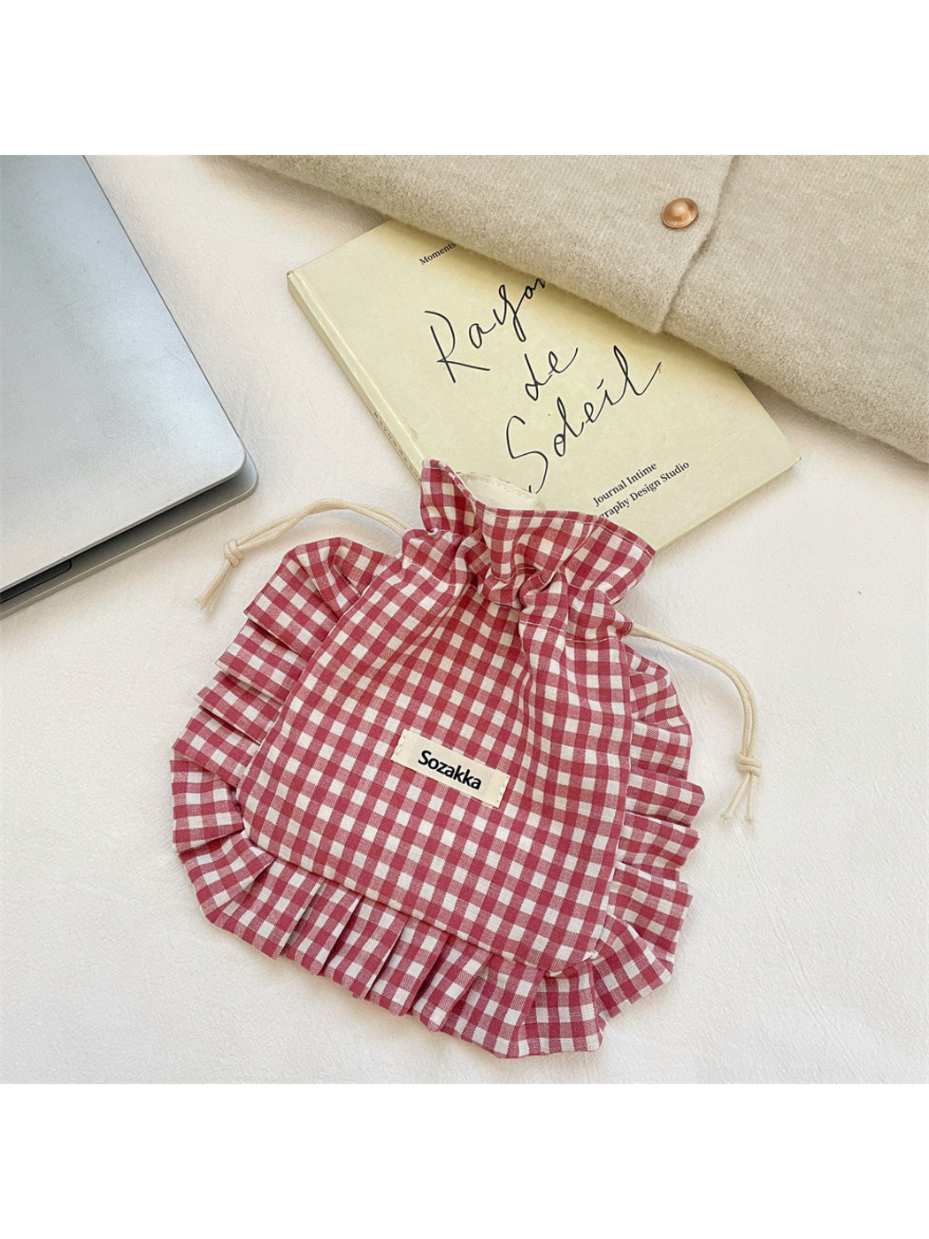 Burgundy gingham drawstring pouch with ruffled sides and bottom
