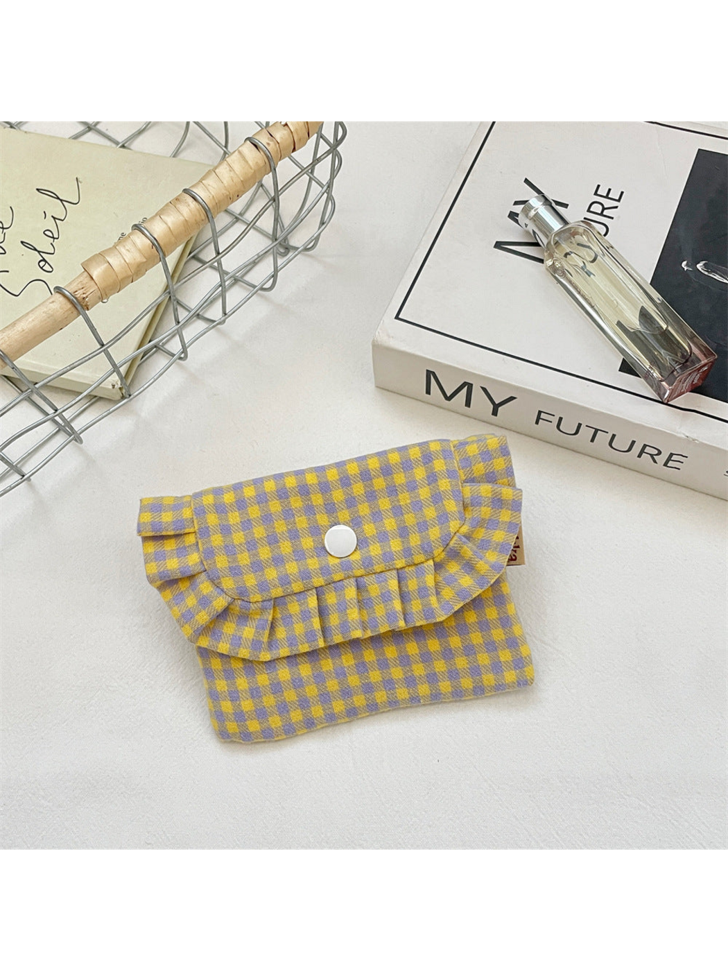 Purple coin purse with yellow and light purple gingham checks, ruffled flap and white snap
