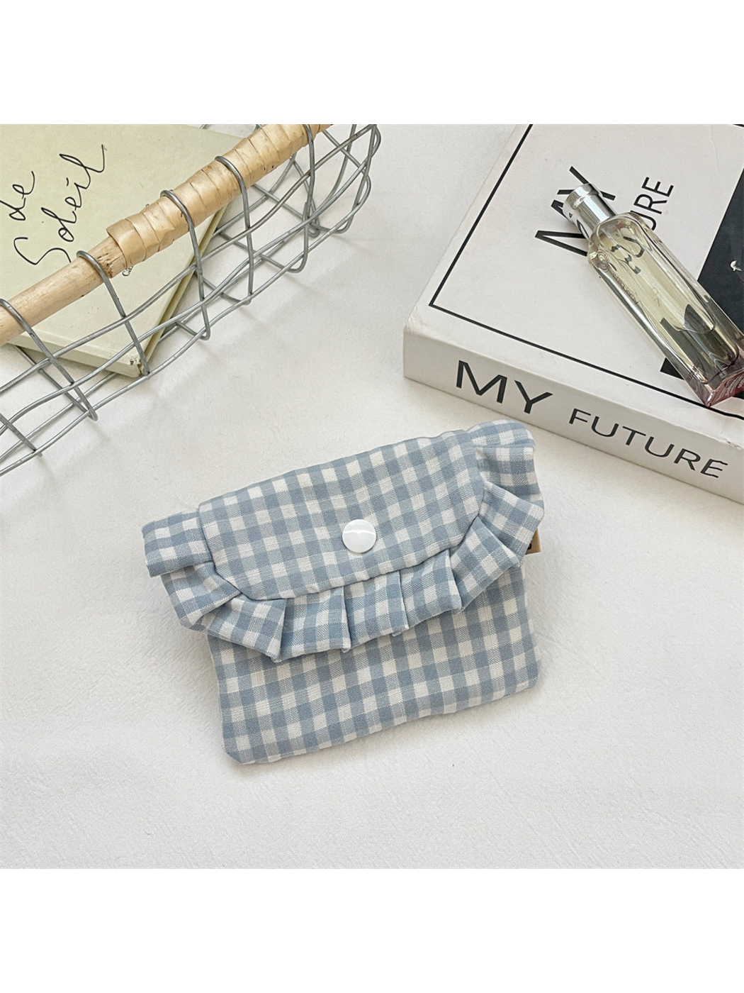 Gray Blue gingham coin purse with a ruffled flap and white snap, front view