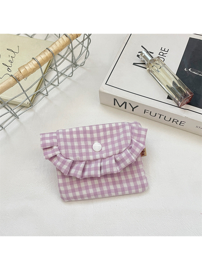 Light Purple gingham coin purse with a ruffled flap and white snap